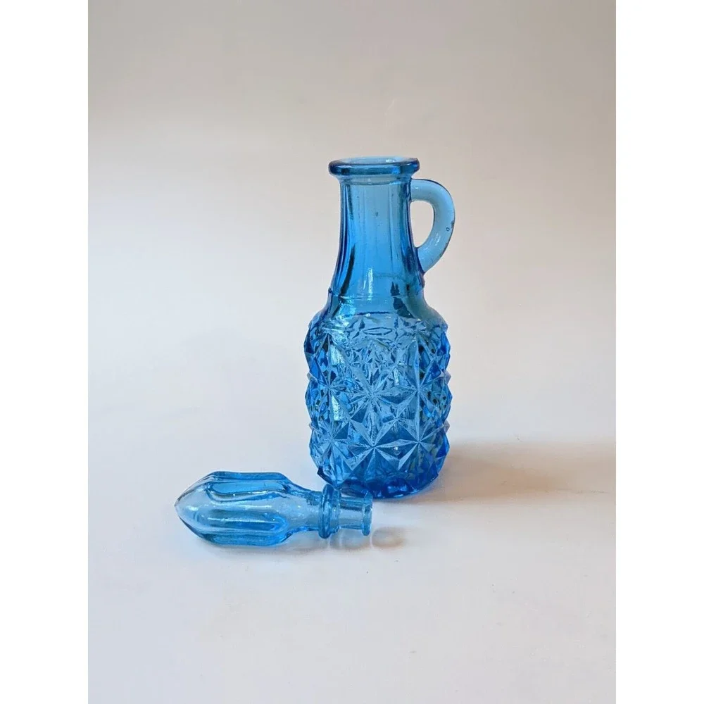Vintage Peacock Blue Indiana Glass Miniature Cruet with Stopper Apothecary Jar‎
